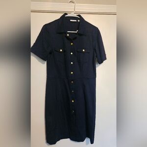 Blue Buttoned Midi Dress with Notched Collar